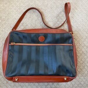 FENDI Leather-Trim Black Stripe Crossbody luggage Bag - Brown Trim